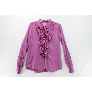 Ryan Michael Abalone Pearl Snap Ruffle Blouse Womens Large Purple Silk Blend